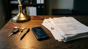 How Can a Car Accident Attorney in Staten Island Help Recover Maximum Compensation? Car accident attorney Staten Island resources — car keys, phone, and insurance claim documents on an office desk under a brass lamp