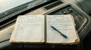 Brooklyn 18-Wheeler Accidents: 3 Shocking Facts the Trucking Company Won't Tell You Brooklyn 18-wheeler accident attorney evidence — open driver's logbook with handwritten entries on a truck dashboard